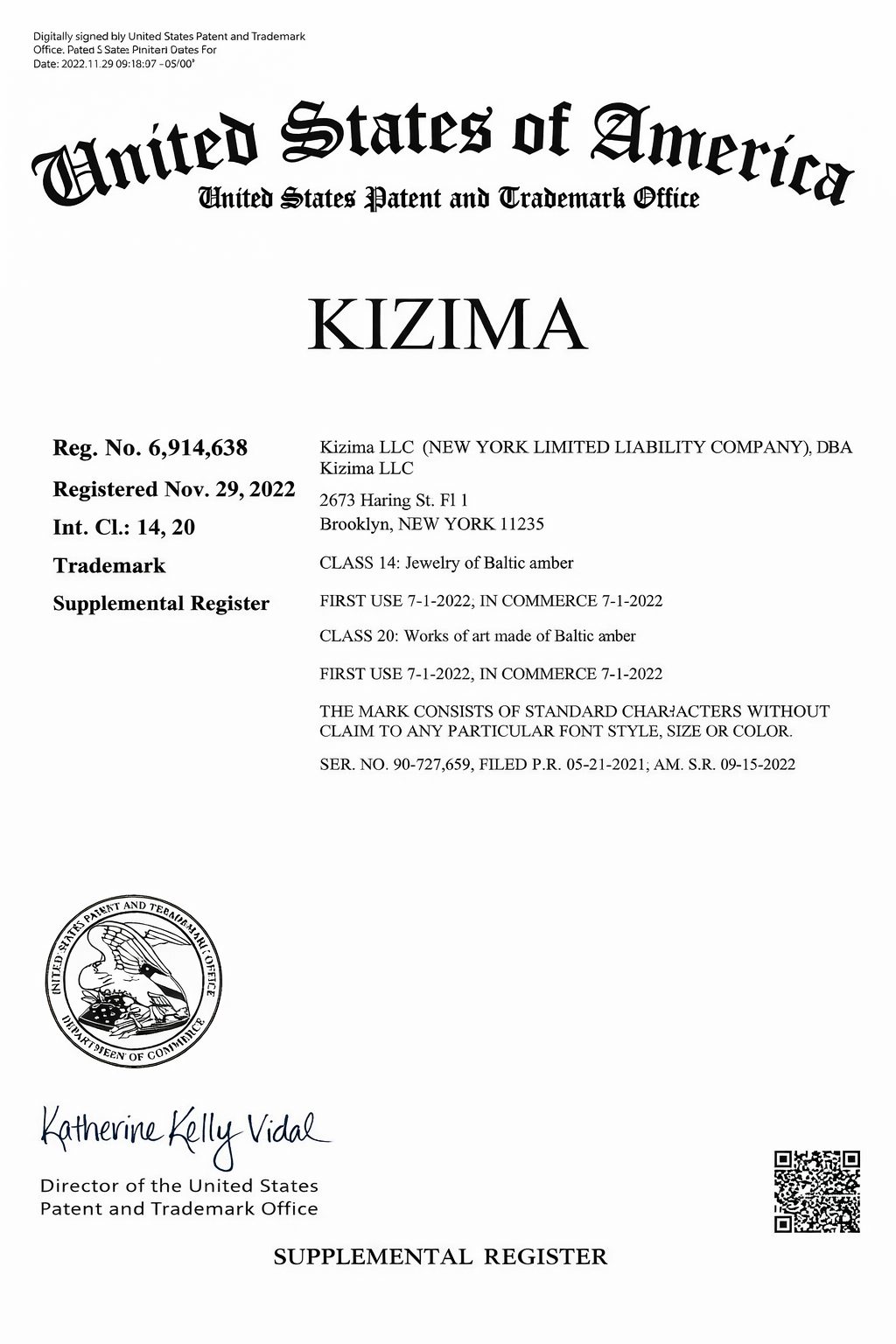 KIZIMA® U.S. registered trademark certificate (Reg. No. 6,914,638) — authenticity guarantee for Baltic Amber Mermaid Shell Figurine Statue, Made in USA