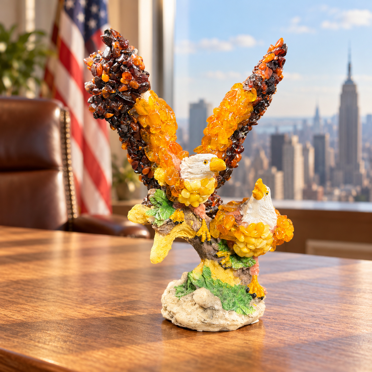 KIZIMA two bald eagles Baltic amber figurine displayed in an American office setting, SKU 18-02Q200-3-5-6.