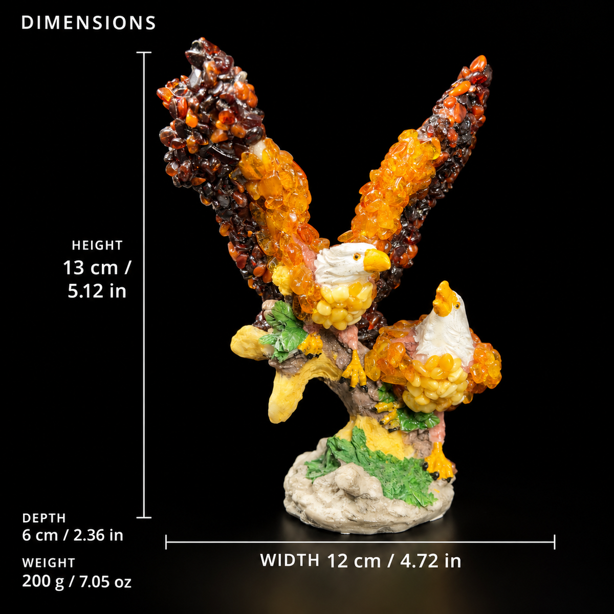 KIZIMA two bald eagles Baltic amber figurine dimensions: height 13 cm, width 12 cm, depth 6 cm, weight 200 g; SKU 18-02Q200-3-5-6.