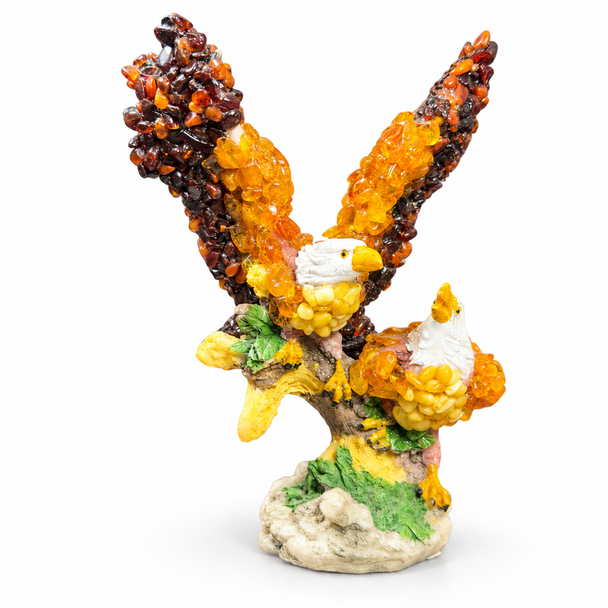 KIZIMA two bald eagles Baltic amber figurine on a leafy branch on a white background, SKU 18-02Q200-3-5-6.