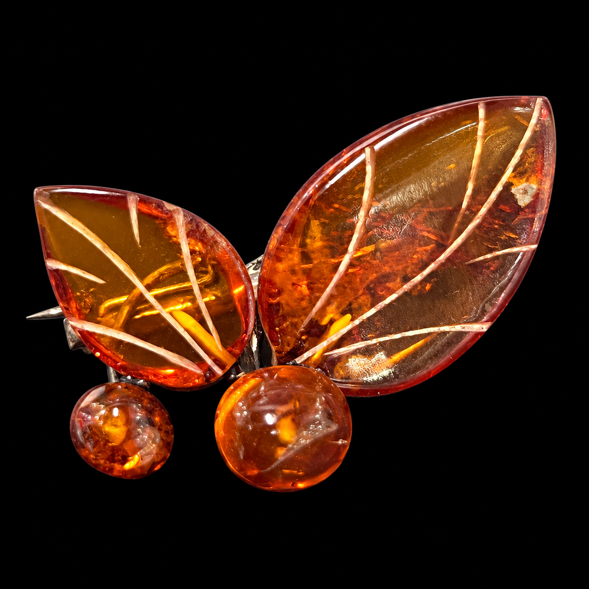 KIZIMA vintage cognac amber leaves and berries brooch 20Brooch-1, black studio background.