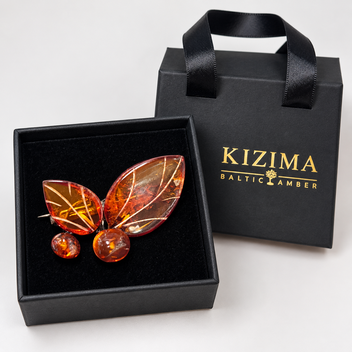 KIZIMA vintage cognac amber leaves and berries brooch 20Brooch-1, with actual KIZIMA gift packaging.