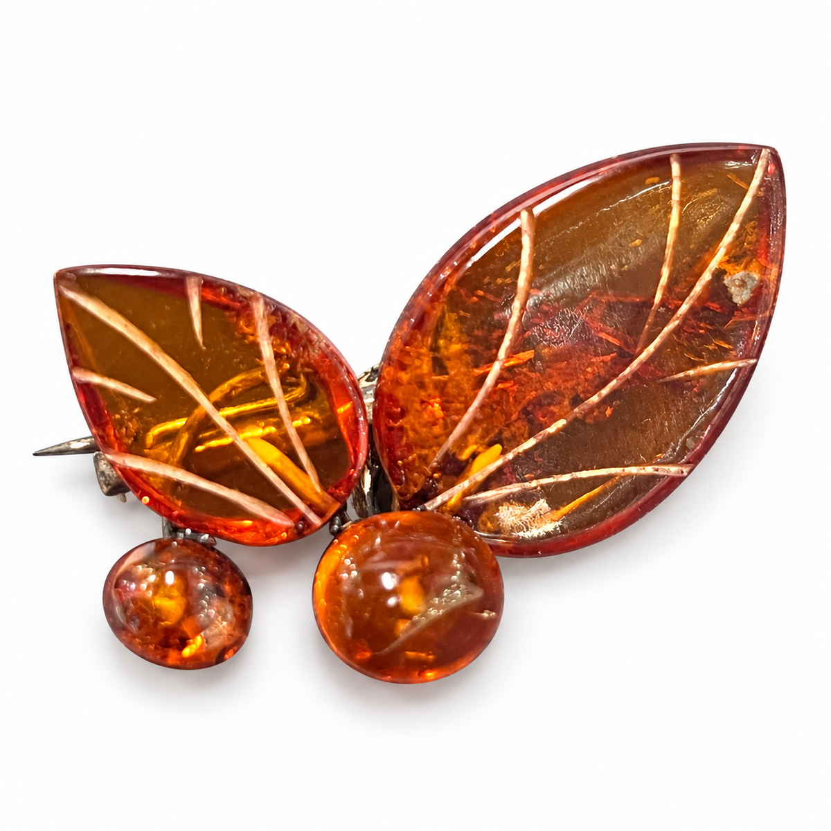 KIZIMA vintage cognac amber leaves and berries brooch 20Brooch-1, white studio background.