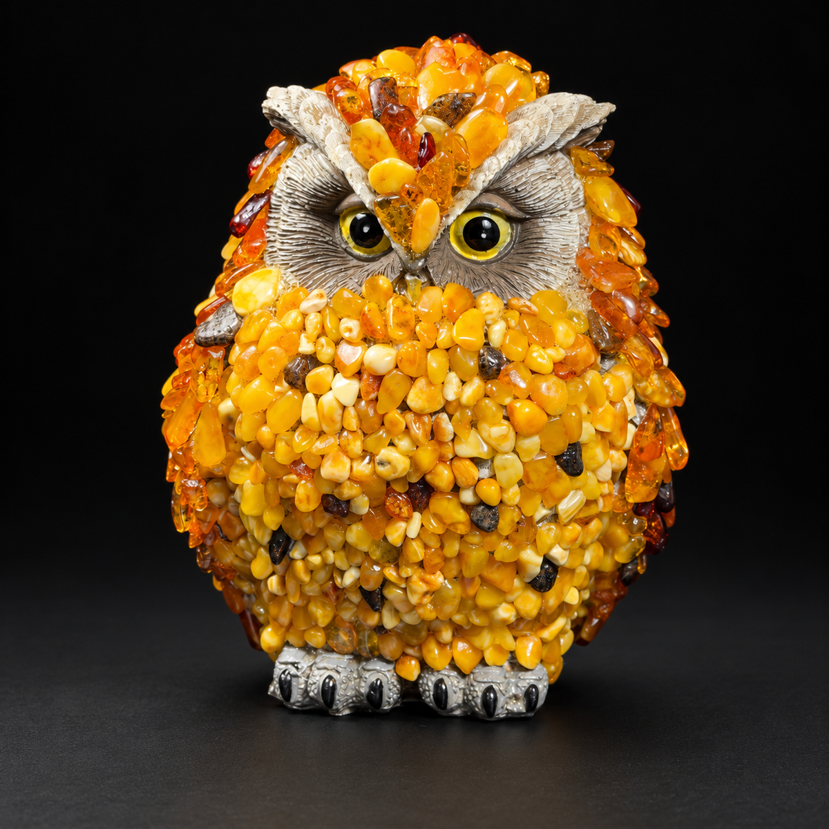 Front view of KIZIMA VIP Baltic amber mosaic owl 5598752O on a black studio background, showing yellow eyes and gray sculpted feet.