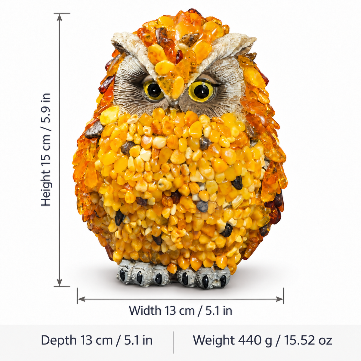 KIZIMA VIP amber owl 5598752O dimensions: height 15 cm (5.9 in), width and depth 13 cm (5.1 in), weight 440 g (15.52 oz).