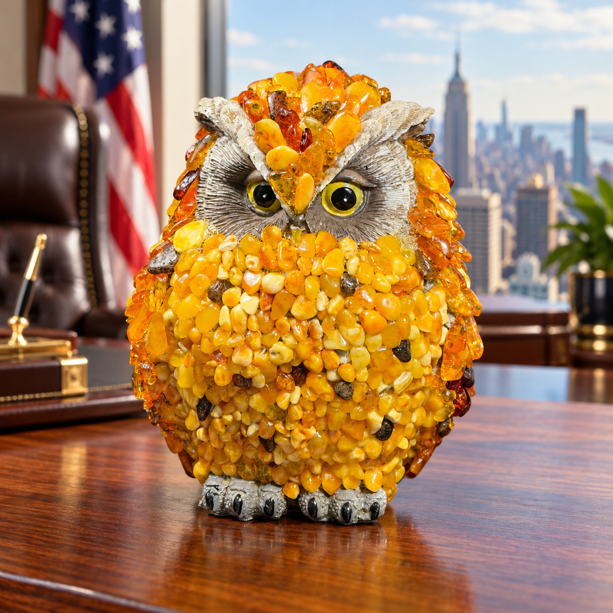 KIZIMA VIP Baltic amber mosaic owl 5598752O on an oak desk, with an American flag, leather chair and Manhattan skyline.