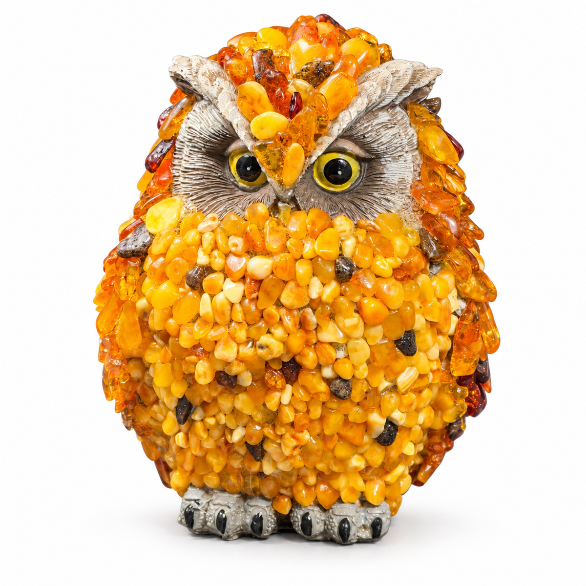 KIZIMA VIP amber owl sculpture 5598752O on a white background, showing honey, lemon and dark amber stones.