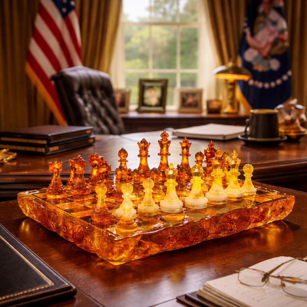 Luxury amber chess set in executive office with American flag, handcrafted Baltic amber chess board made in USA, KÖNIGSBERG Imperial premium set