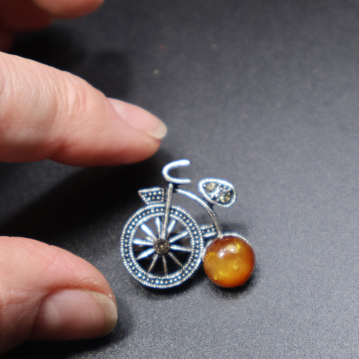 Made in USA Genuine Natural Baltic Amber Bicycle Brooch by KIZIMA® — handmade amber jewelry, back view with pin