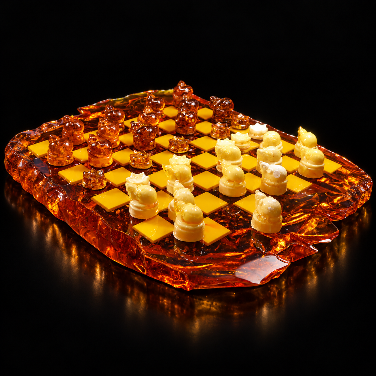 Made in USA Baltic Amber cats and mice checkers set by KIZIMA® on a black studio backdrop, honey amber cats and black amber mice