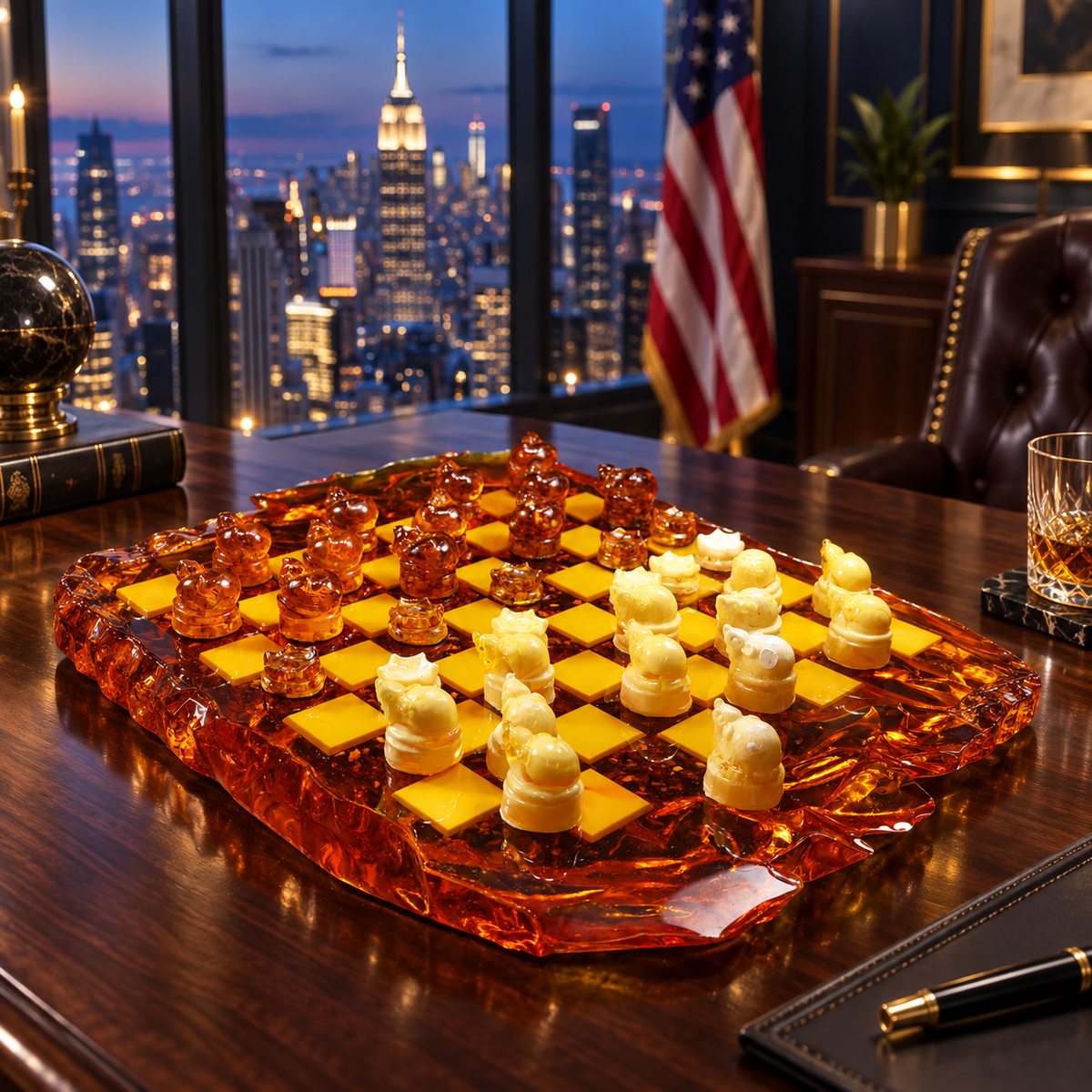 Baltic amber cats and mice checkers game in a Manhattan living room, luxury board game handmade in Brooklyn
