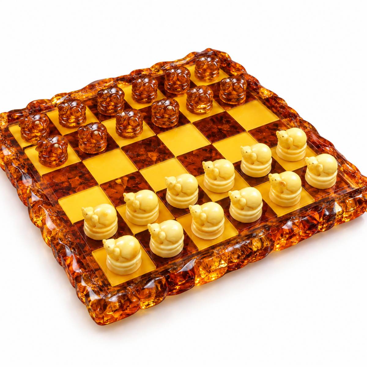 Genuine Baltic amber cats and mice checker pieces on a white background, handcrafted by KIZIMA®