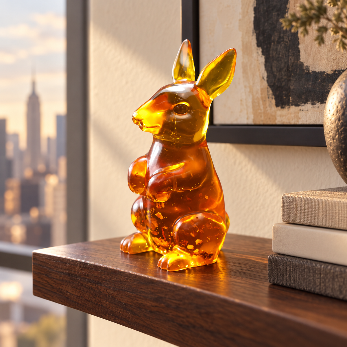 Baltic amber kangaroo on a bookshelf in a Manhattan interior, Australian wildlife decor handmade in Brooklyn