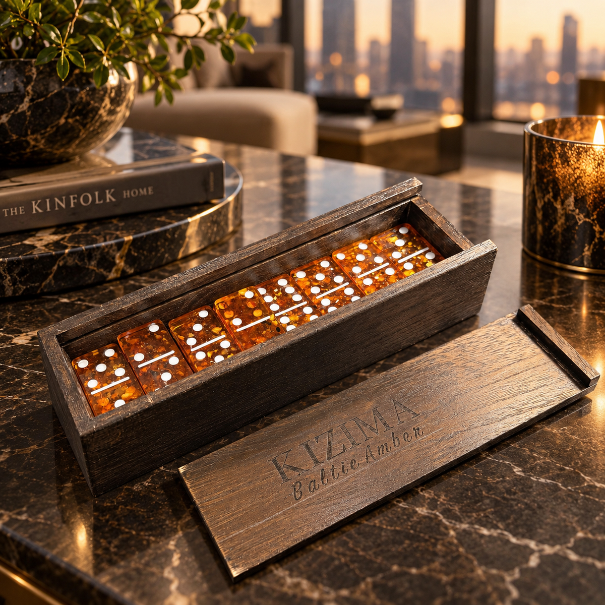 Cherry Baltic amber domino set in an engraved wooden box on a marble table in a luxury interior — executive desk gift, KIZIMA® Made in USA