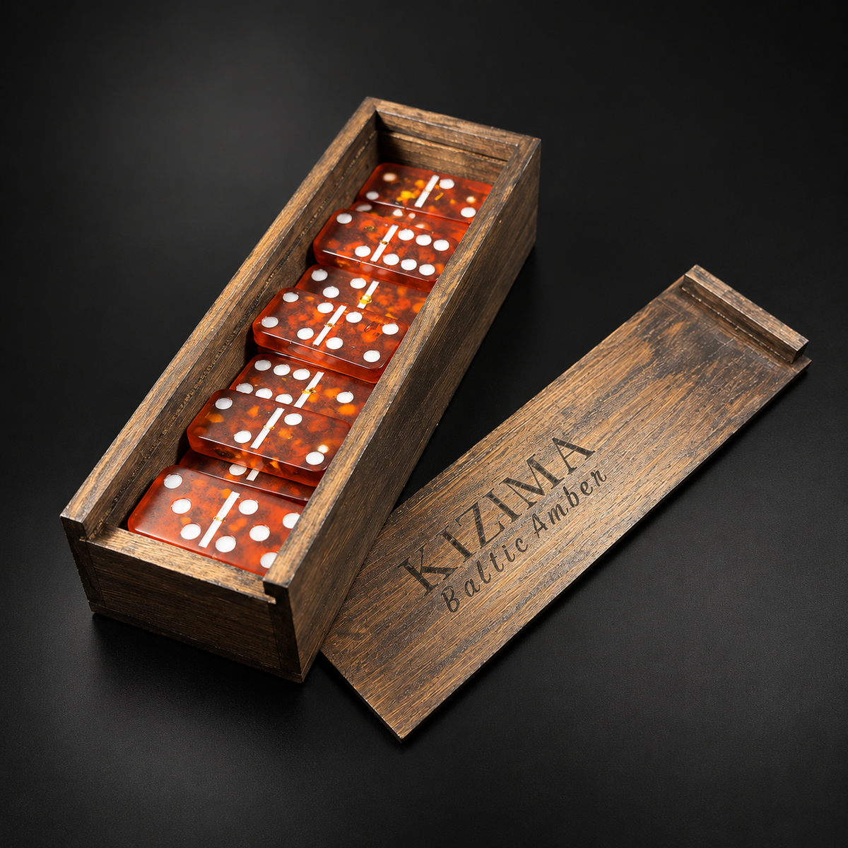 Handcrafted cherry Baltic amber dominoes in a KIZIMA® engraved wood case with sliding lid — collectible executive game set, Made in USA