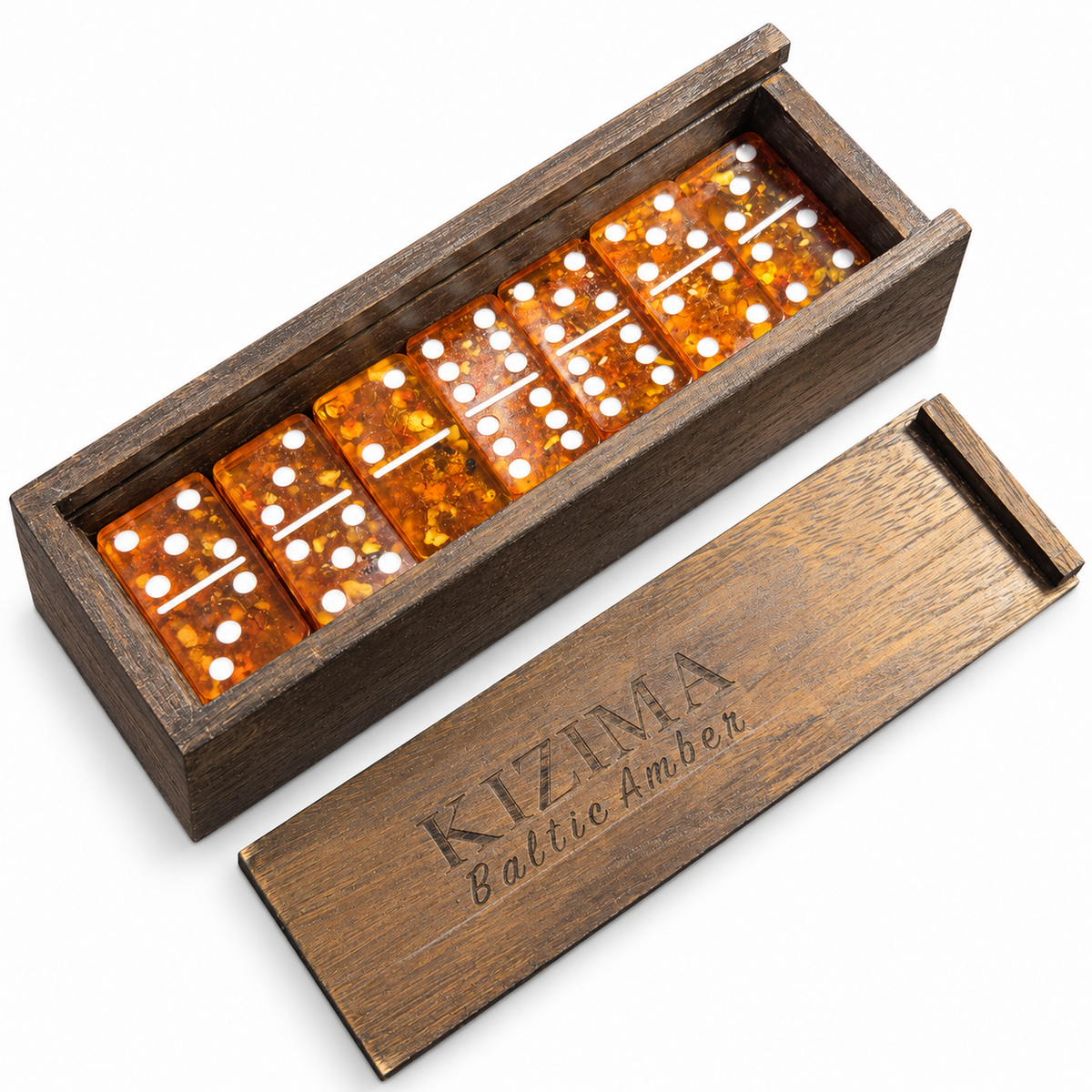 Made in USA Cherry Natural Baltic Amber Domino Set Double-6 by KIZIMA® — 28 amber tiles in an engraved wooden box with sliding lid, white background