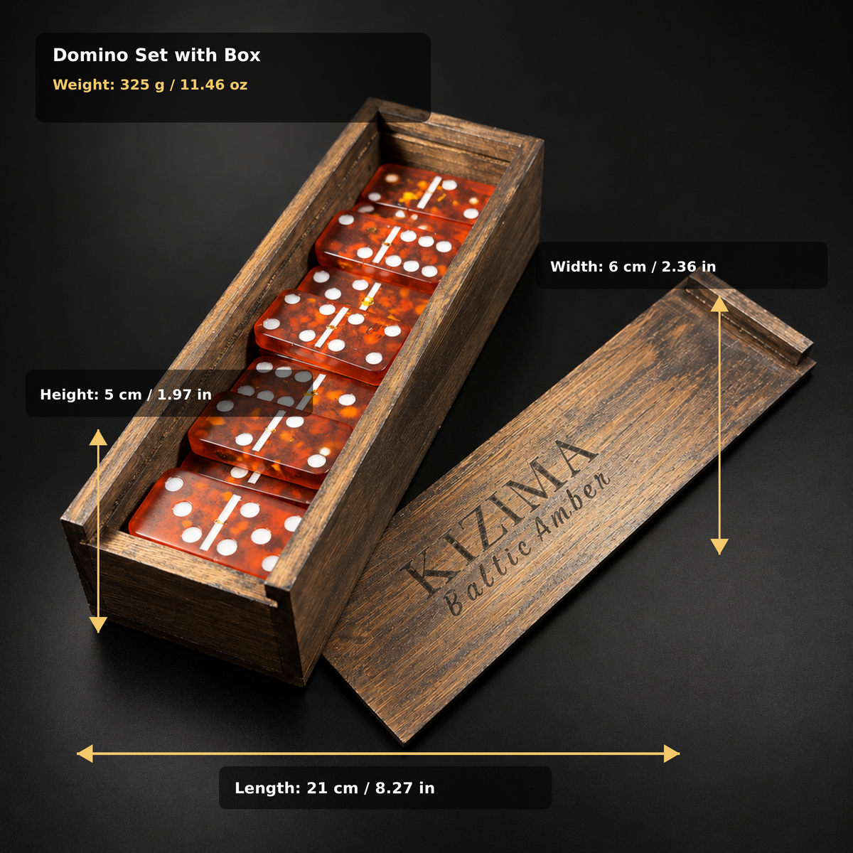 Classic Baltic amber domino set size guide — wooden box 21 x 6 x 5 cm (8.27 x 2.36 x 1.97 in), total weight 325 g / 11.46 oz, KIZIMA® Made in USA