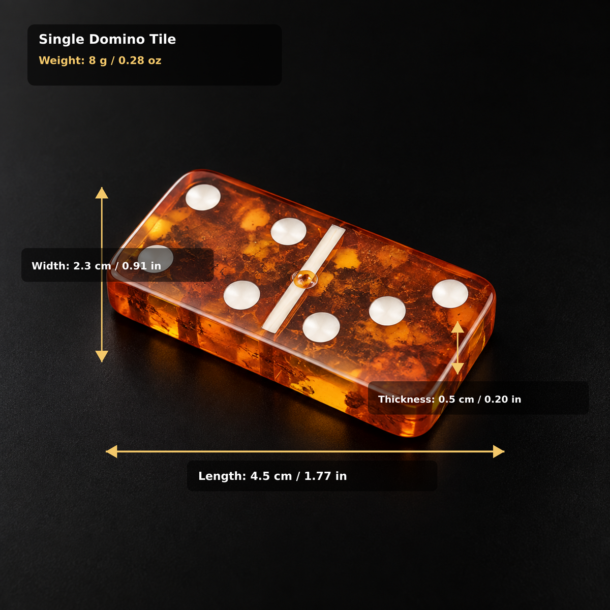 Single classic Baltic amber domino tile size guide — 4.5 x 2.3 x 0.5 cm (1.77 x 0.91 x 0.20 in), 8 g / 0.28 oz, KIZIMA® Made in USA