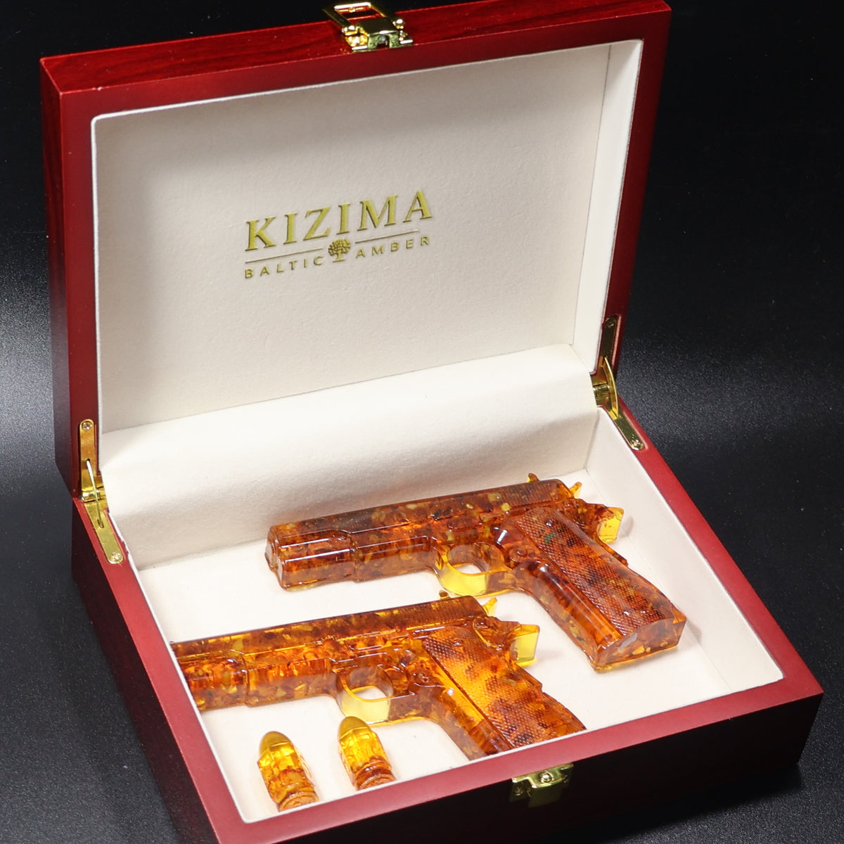 Made in USA genuine natural Baltic amber 2-gun figurine set by KIZIMA