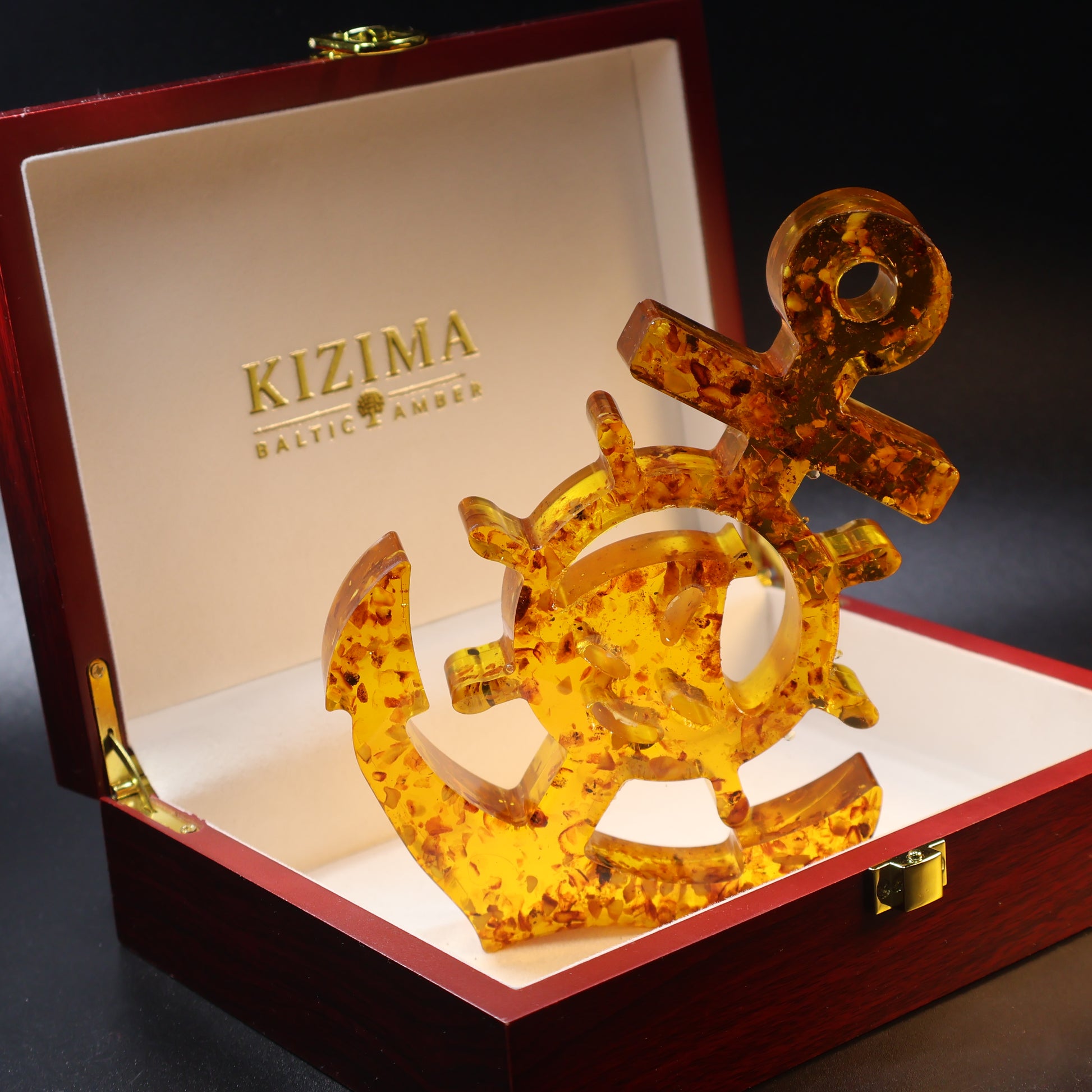 Natural Baltic amber ships wheel detail, handcrafted in Brooklyn NY