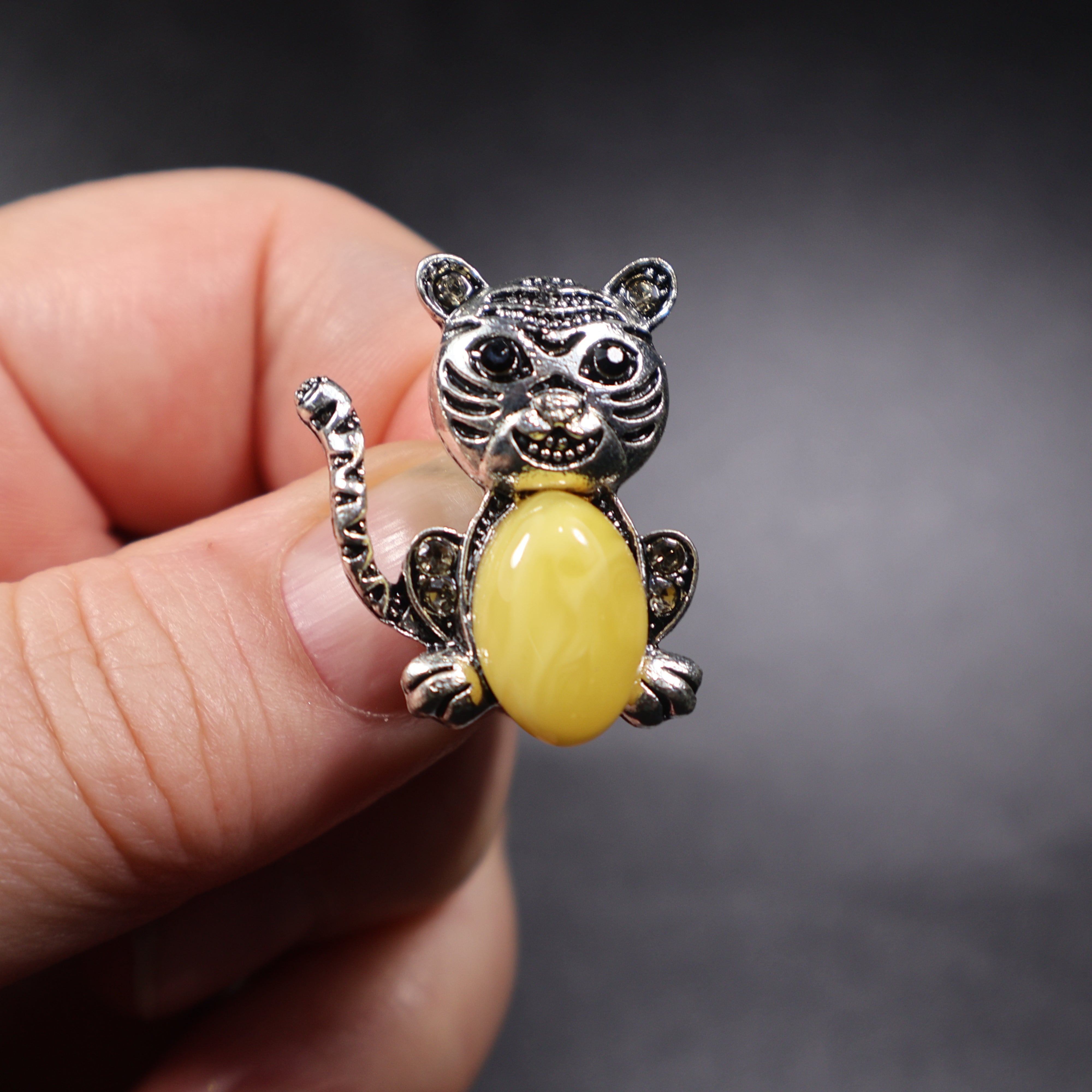 Made in USA genuine natural Baltic amber cat brooch silver tail up by KIZIMA
