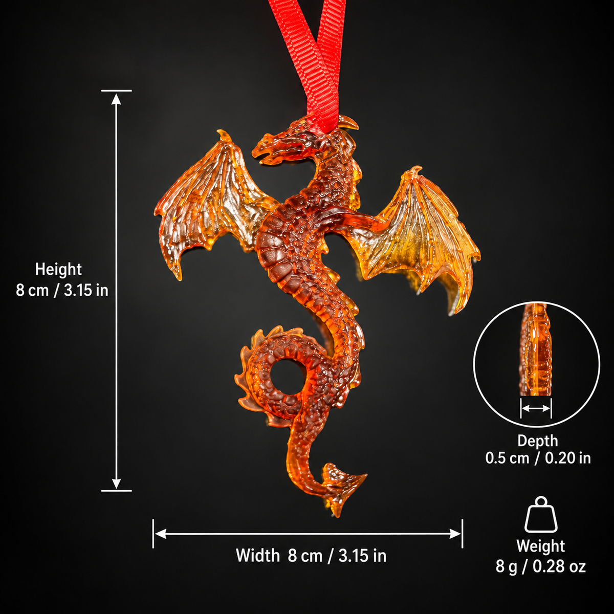 Size and weight of the KIZIMA® natural Baltic amber dragon car charm — 8 x 8 x 0.5 cm, 7.37 g, Made in USA