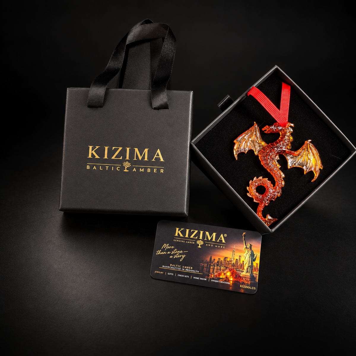 KIZIMA® Baltic amber dragon car charm with its gift box — handmade in USA, ready to give