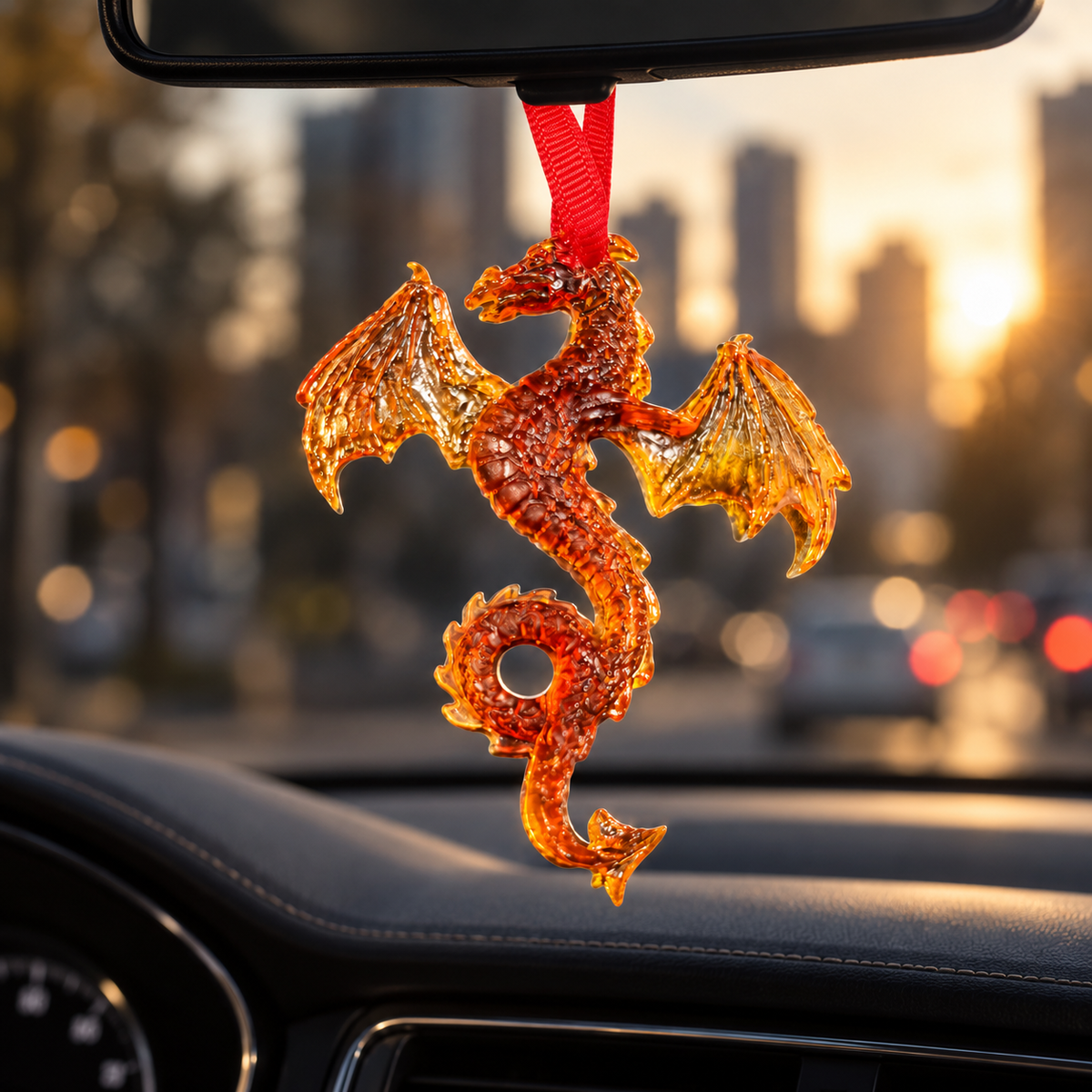 Natural Baltic amber dragon car charm hanging from a rearview mirror, handmade in USA by KIZIMA®