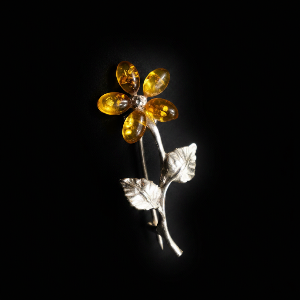 Genuine Baltic amber flower brooch front view detail