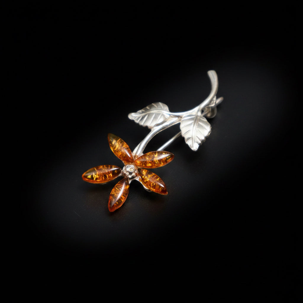 Natural Baltic amber flower brooch pin back, handcrafted in Brooklyn NY