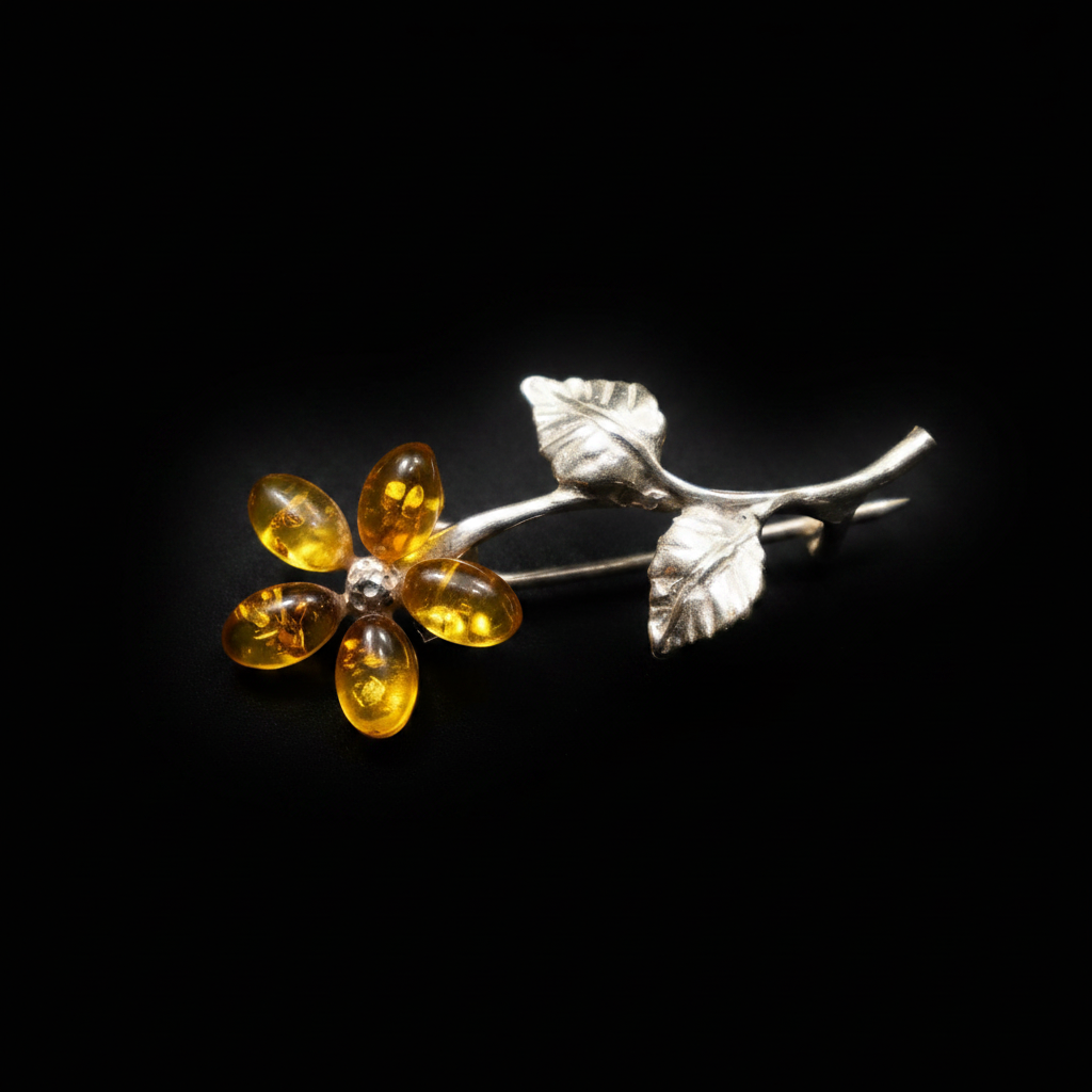 Baltic amber flower brooch scale reference photo