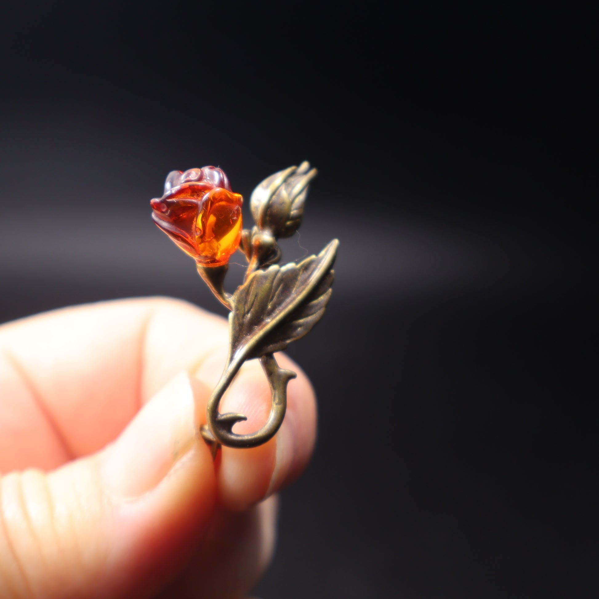 Genuine Baltic amber flower brooch with leaf detail, handcrafted in Brooklyn NY