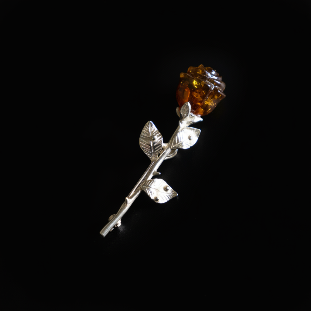Genuine Baltic amber gothic rose brooch front view detail