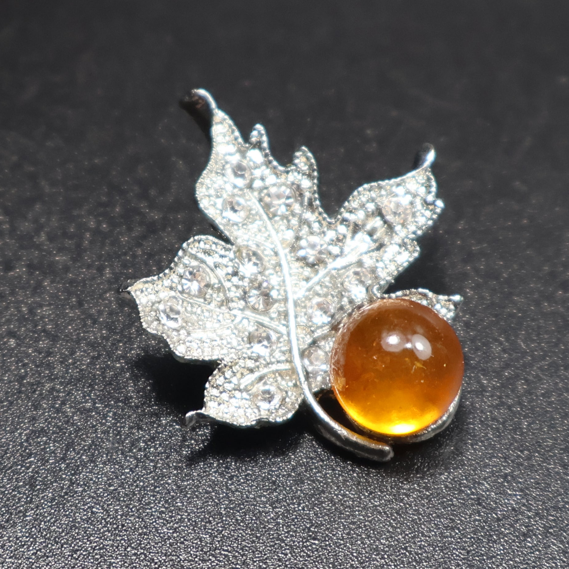 Baltic amber leaf brooch gold-tone setting additional view