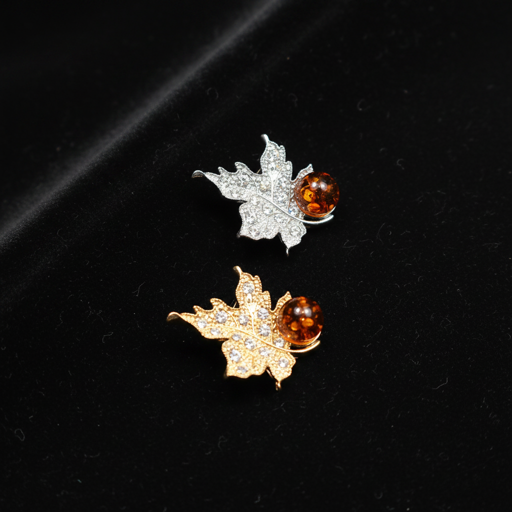 Made in USA Genuine Natural Baltic Amber Leaf Brooch, Gold & Silver KIZIMA®