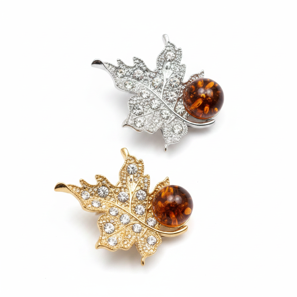Amber leaf brooch scale reference additional view