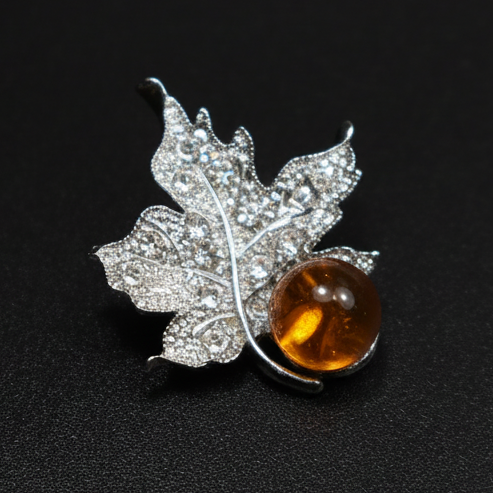 Handmade Baltic amber leaf brooch gold-tone additional view