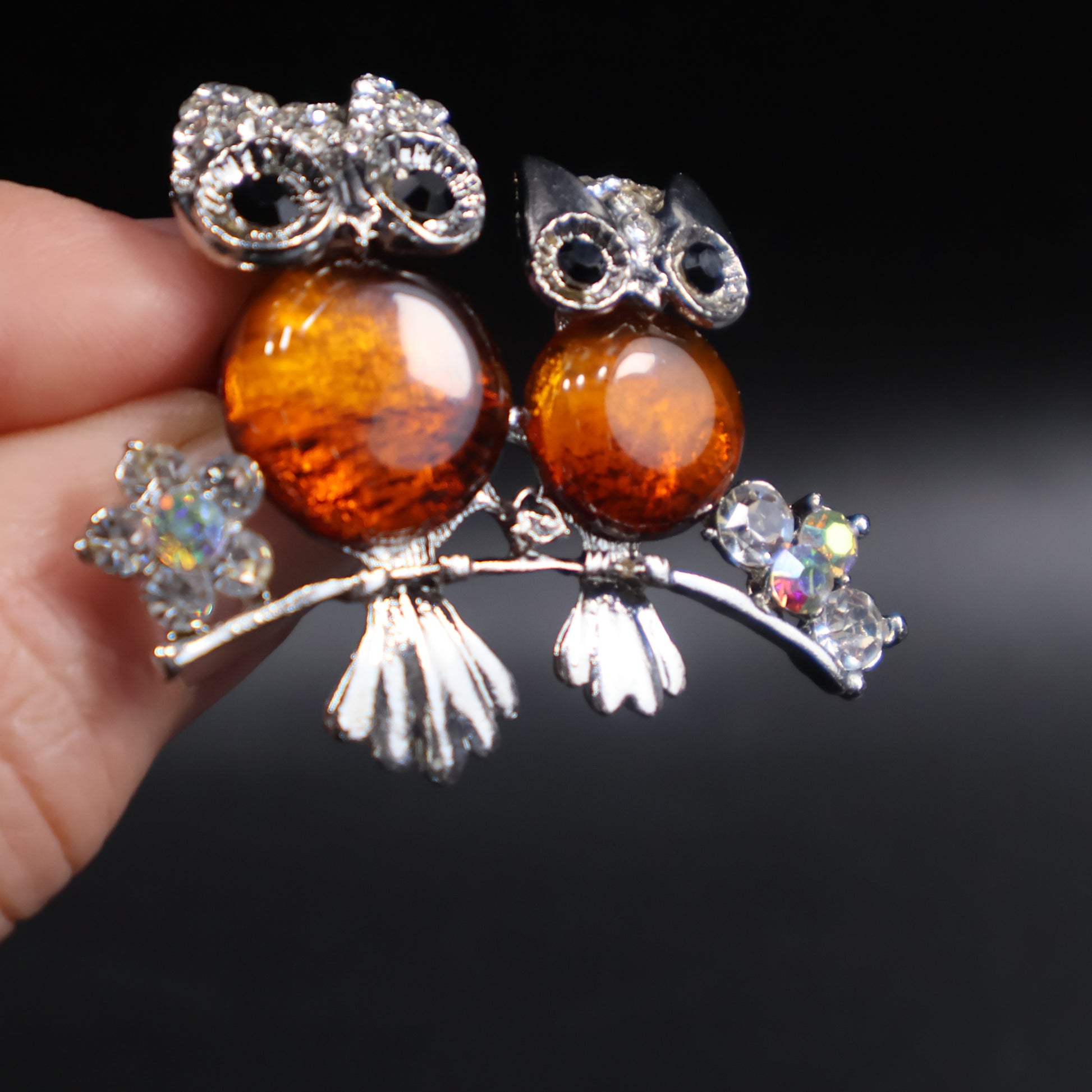 Baltic amber owl brooch worn as jewelry accessory