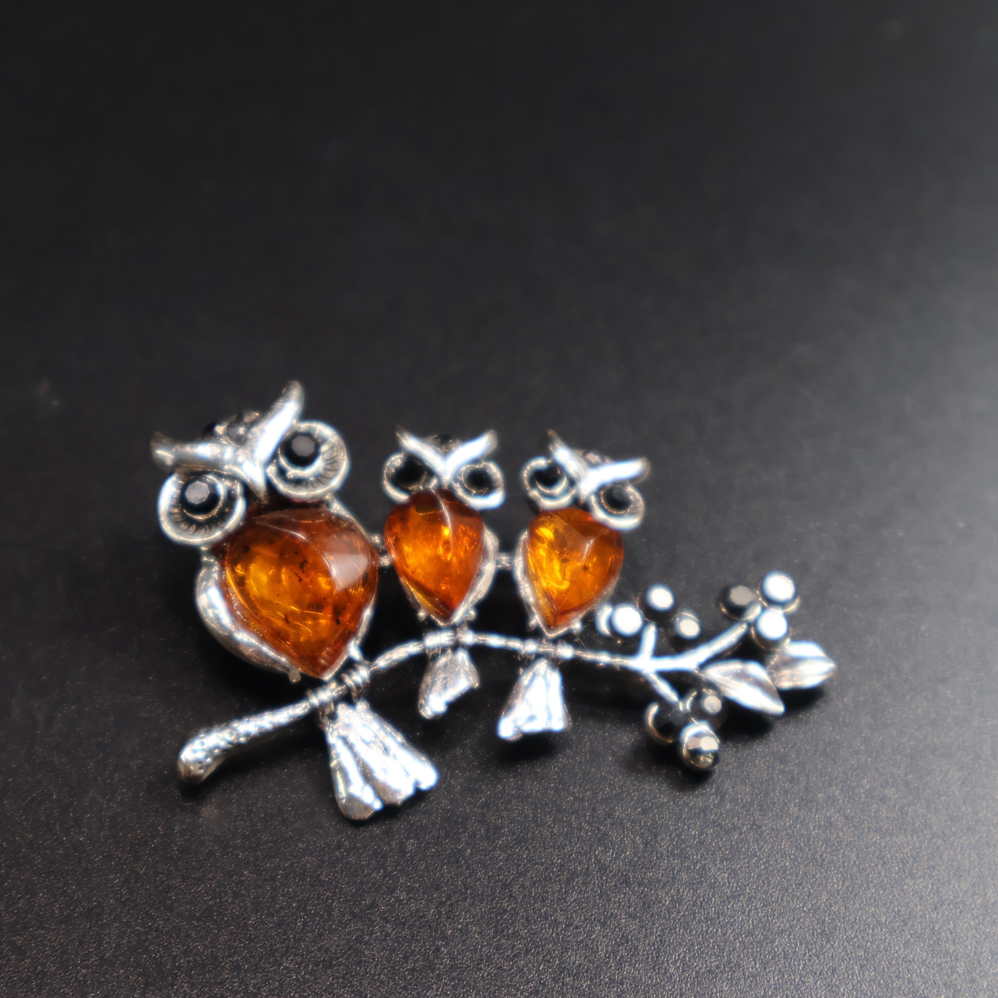 Genuine Baltic amber owl family brooch pin back, handcrafted in Brooklyn NY
