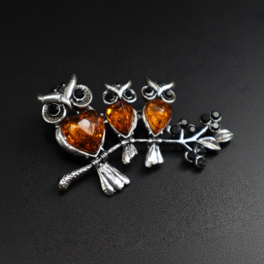 Made in USA genuine natural Baltic amber three owls on a branch brooch by KIZIMA