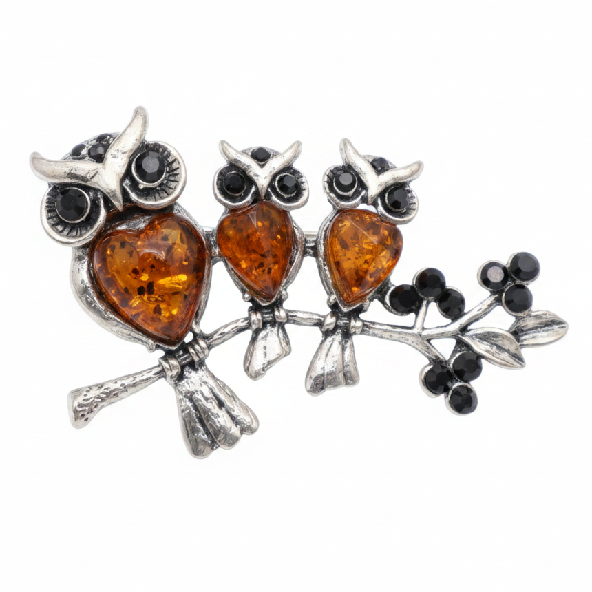 Hand-carved Baltic amber three owls brooch additional view