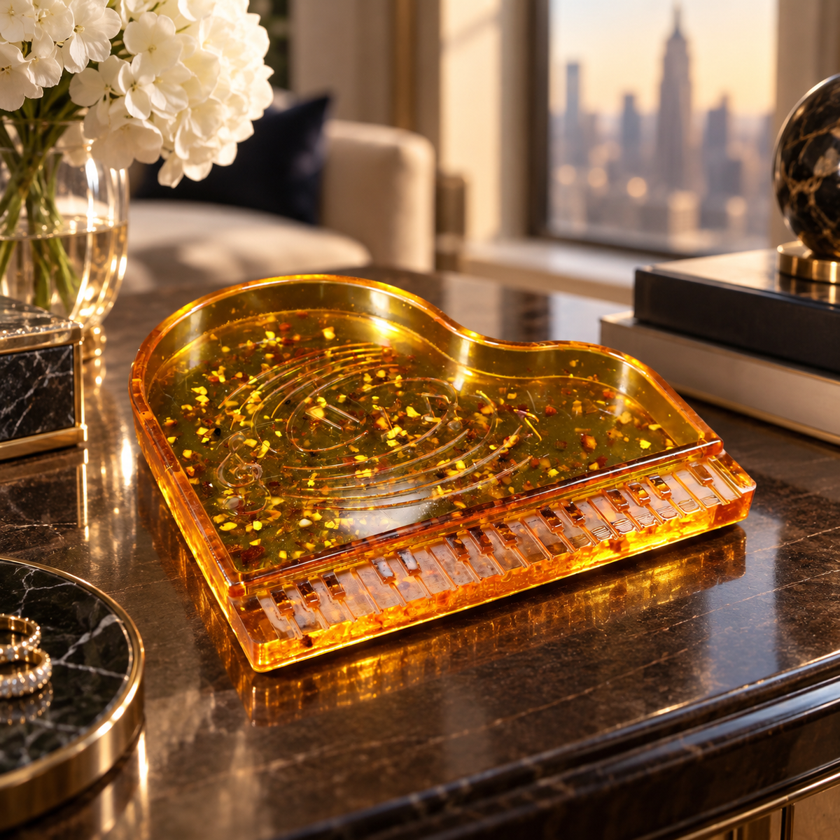 Grand Piano Baltic Amber Jewelry Box by KIZIMA® — genuine Baltic amber piano trinket dish in a luxury interior, Made in USA