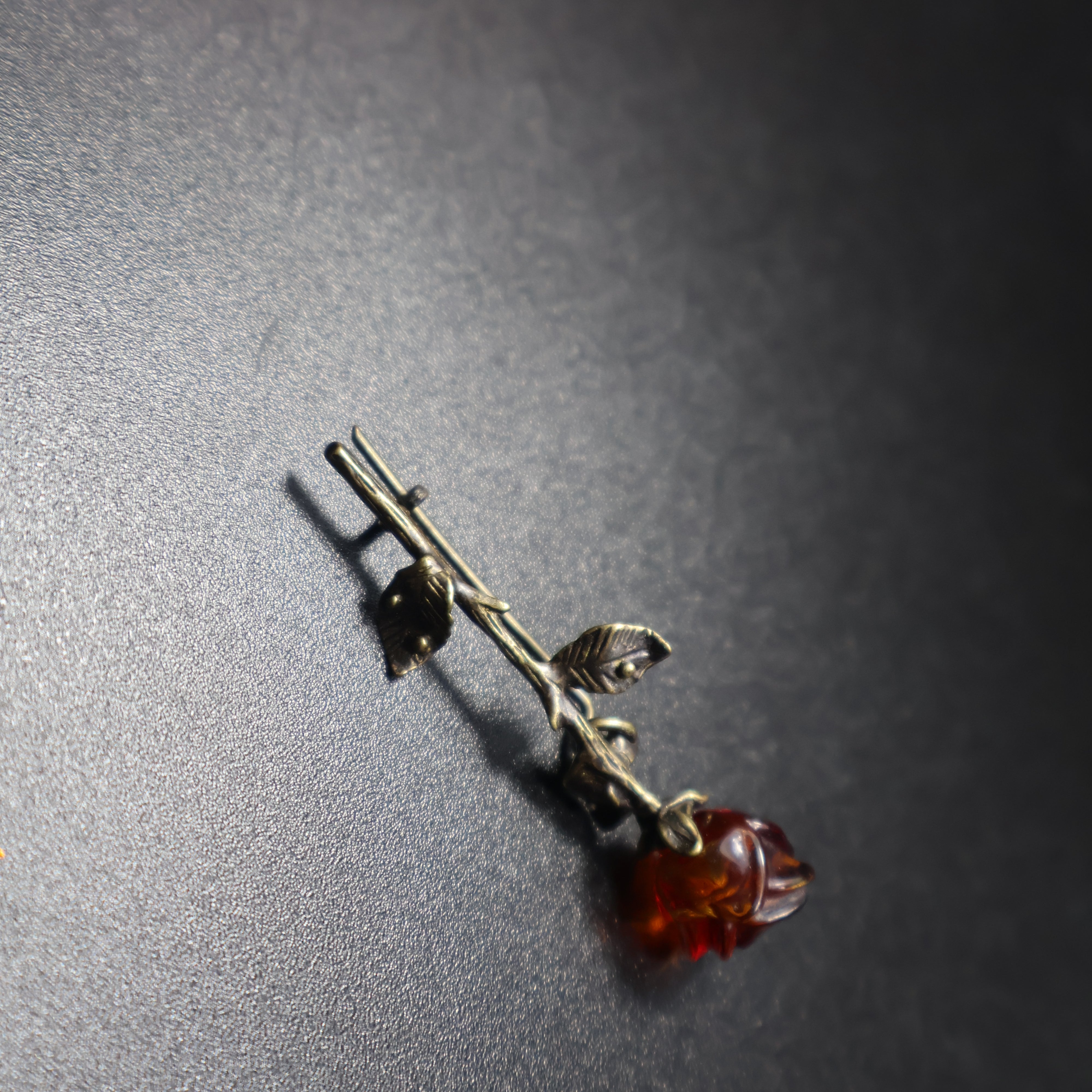 Genuine Baltic amber rose brooch leaf detail, handcrafted in Brooklyn NY