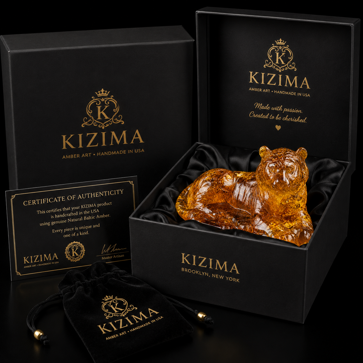 Made in USA genuine Baltic amber tiger sculpture handcrafted by KIZIMA®, presented in premium luxury gift packaging with Certificate of Authenticity and velvet storage pouch, handcrafted in Brooklyn, New York.