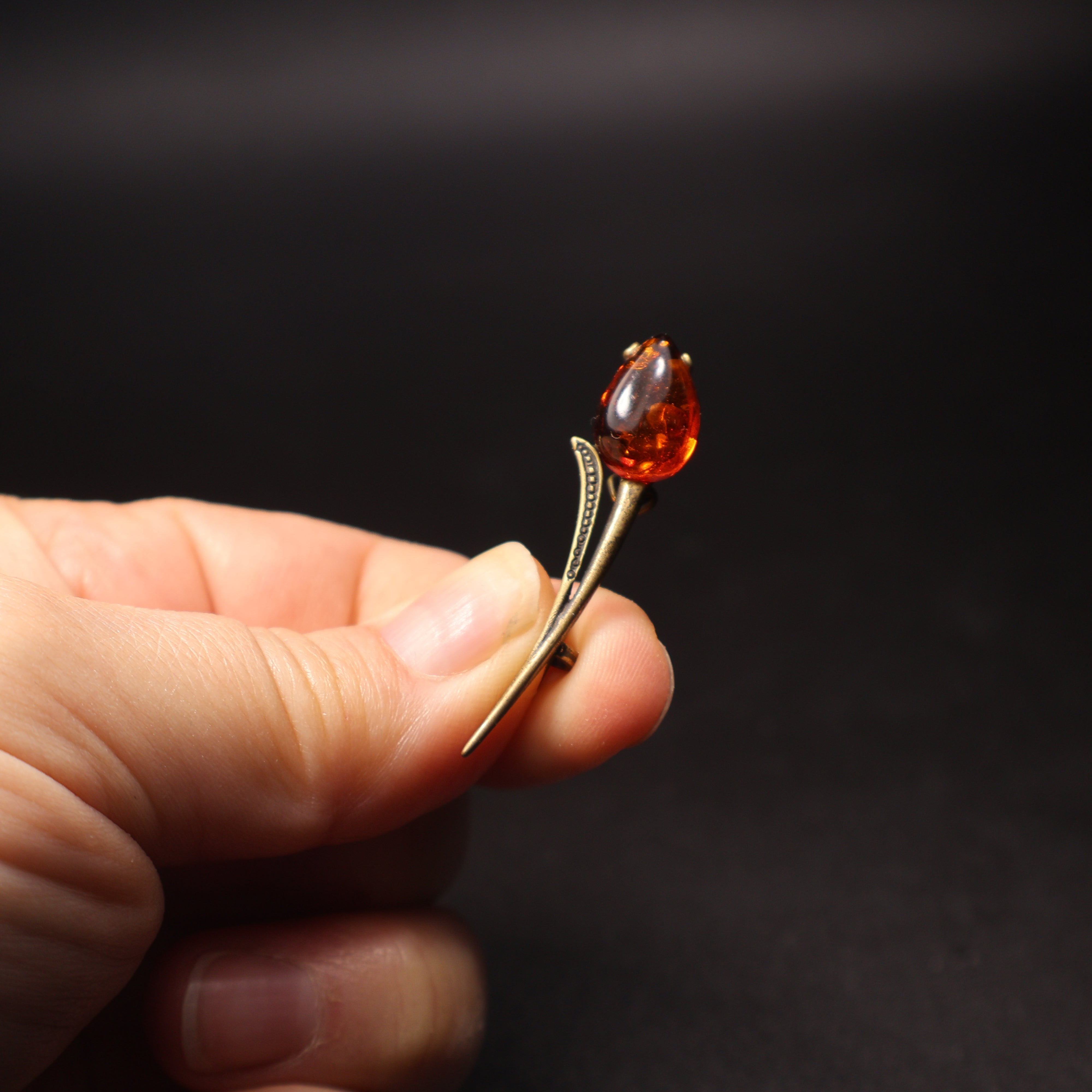 Genuine Baltic amber tulip brooch pin back, handcrafted in Brooklyn NY