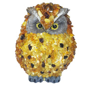 Large Baltic amber mosaic owl sculpture by KIZIMA, hand-laid amber — PhD, doctorate and graduation gift for a scholar.