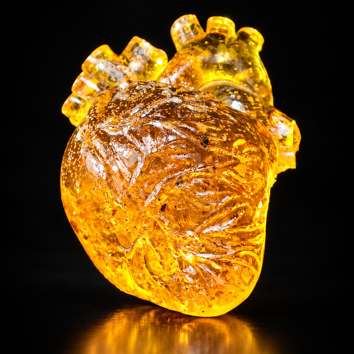 Natural Baltic Amber anatomical heart by KIZIMA® on black studio background, handcrafted in Brooklyn, New York