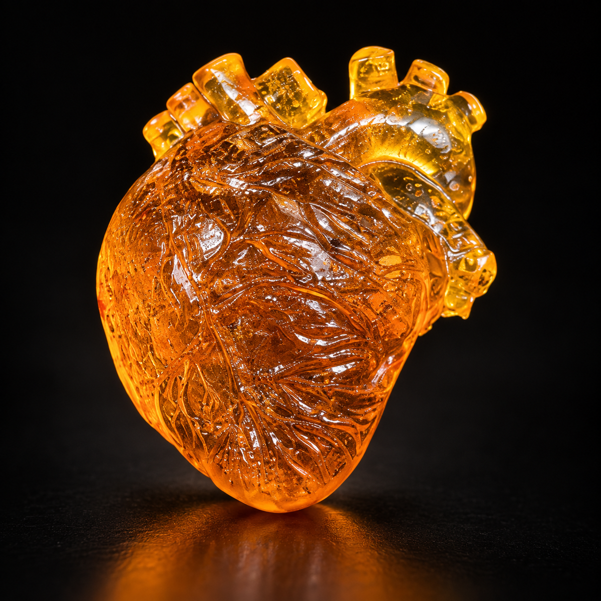Genuine Baltic amber anatomical heart sculpture, black studio photograph — Made in USA by KIZIMA®