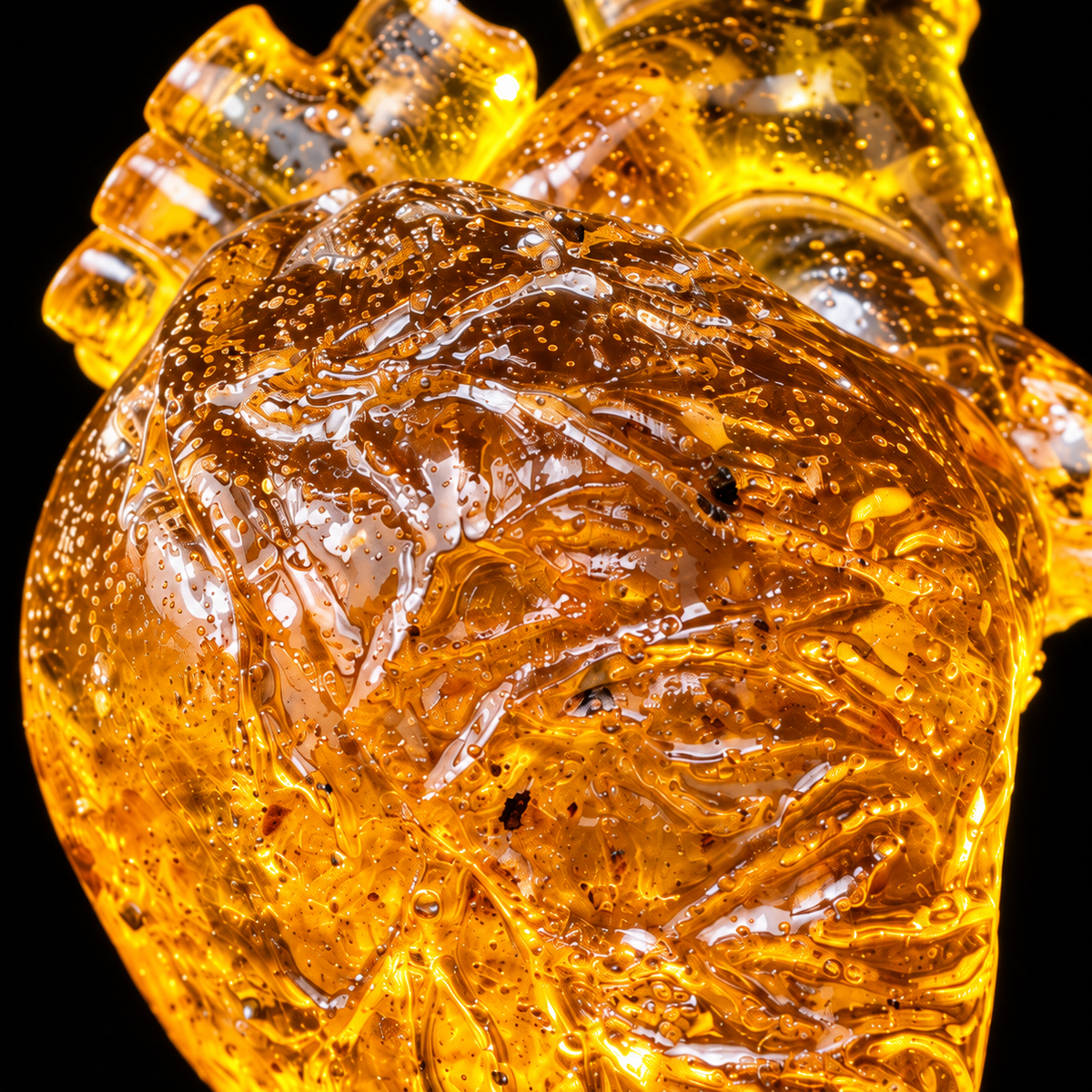 Macro detail of the genuine Baltic amber anatomical heart by KIZIMA® — natural inclusions and cognac tones