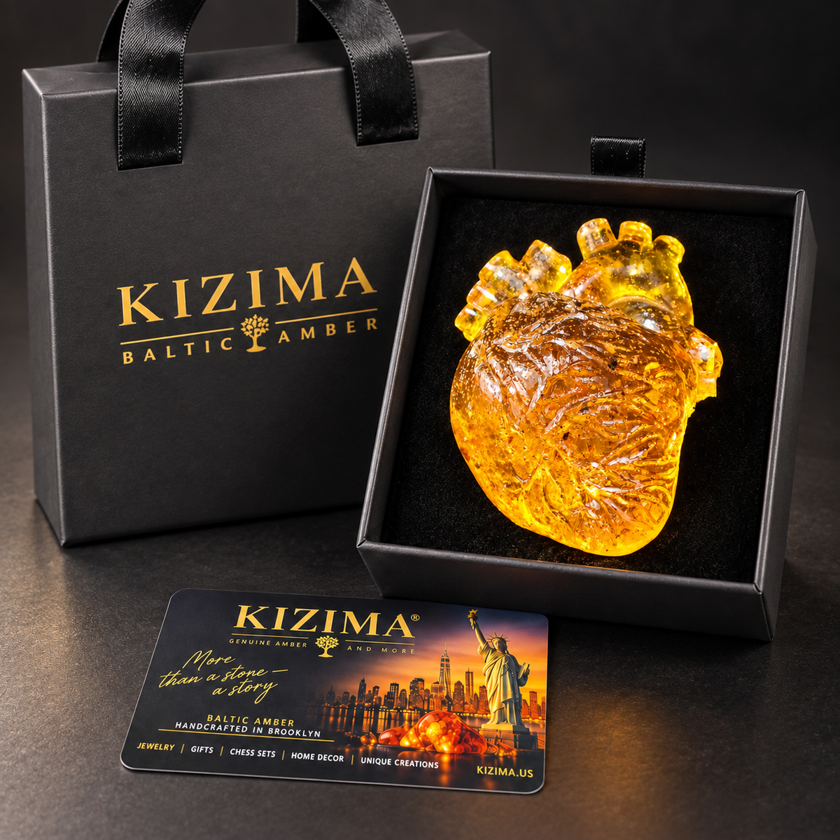 Baltic amber anatomical heart with KIZIMA® gift box and business card — doctor gift ready to give